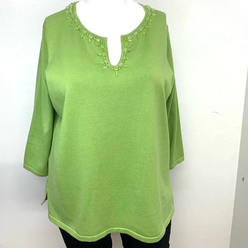 Jones NY Top 3X Woman Green Beaded V Neck  Rib Knit‎ Tunic Stretch Office Travel